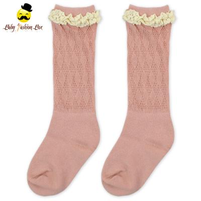 China QUICK DRY in stock solid pink color knit cotton lace trim winter socks thick warm baby kids knee high socks for sale