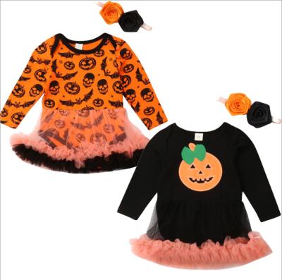 China Breathable Newborn Baby Outfits Kids Girls Pumpkin Print Long Sleeve Jumpsuit Romper Tutu Lace Up Halloween Clothes for sale