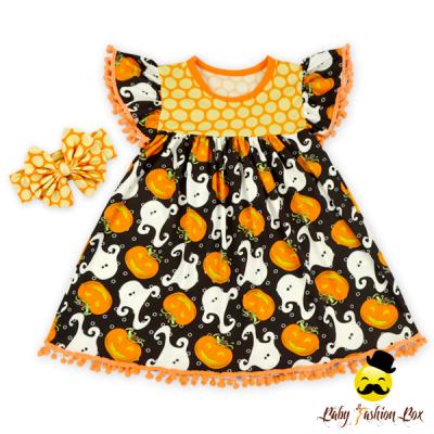 China Breathable Pumpkin and Halloween Ghost Printed Sissy Pom Pom Kids Simple Cotton Frock Float Sleeve Ruffle Design with Match Headband for sale