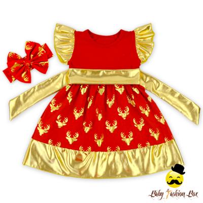 China Red and Gold Breathable Christmas Printing Cute Floating Sleeve Butterfly Bow Sash Baby Deer Head Dress for Baby 2 Year Old for sale