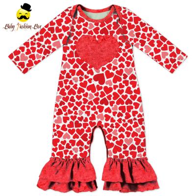 China Valentine Day Lovely Kids Clothing Red Heart Print Long Sleeve Newborn Baby Ruffle Icing Romper Onesie Jumpsuit for sale