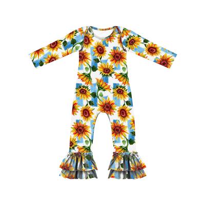 China 2LLY-198 Breathable Spring Long Sleeve Sunflowers Print Kids Jumpsuit Warm Infant Romper Clothes Button for sale