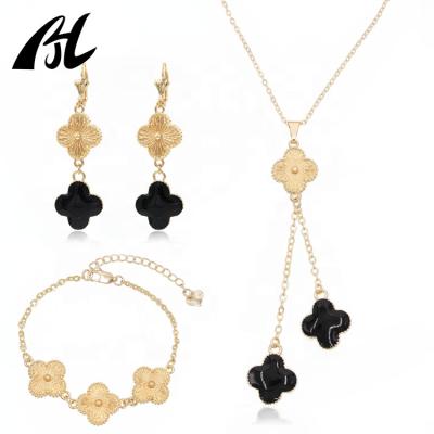 China FASHIONABLE High Quality Custom 18K Gold Plated Women's Jewelry Set Black French Clover Necklace Charm Enamel Earrings Pendant Bracelet Sets for sale