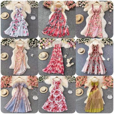 China Women Printed Casual Elegant Dresses Korea Flowers Crew Neck Loose Anti-Static Women's Dress Sexy Fashion for sale