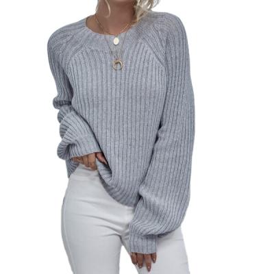 China Anti-wrinkle Raglan Sleeve Solid Sweater Rib-knit O-neck Gray Casual Wear Cardigan Comfortable Tops For Ladies for sale