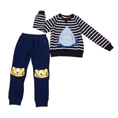 China Smart Casual Cartoon Stripe Applique Fabric Polyester Cotton Terry Manufacturer Sweater and Pants Smart Casual Luxury Set for Boy for sale