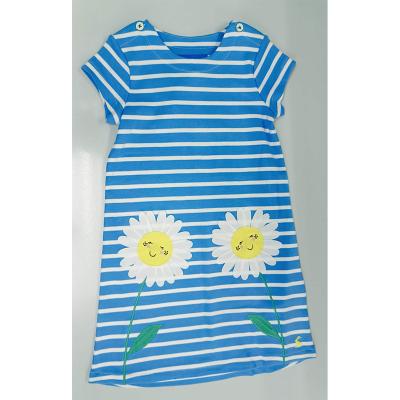 China Low MOQ 100% BCI Color Short Sleeve Boat Neck Custom Made Cotton Sustainable Coupling Appliques Kid Wear Dress For Girl for sale