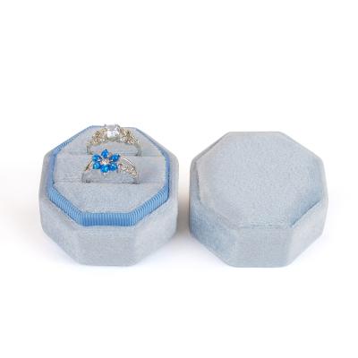 China Handmade Custom Logo Octagon Velvet Suede Double Rings Boxes Ring Box For Ring Packing blue for sale