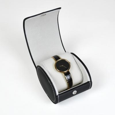 China Stylish Oval Opening Black Leather Custom Watch Gift Packing Box Logo PU Watch Storage Buckle Watch Packaging Pillow Box With Suede Pillow For Watches for sale