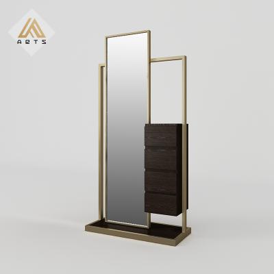 China Home Decoration Stainless Steel Gold Color Minimalist Modern Home Mirror With Drawer Rack Full Body Mirror for sale