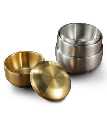 China Durable Double Wall Heat Resistance Food Bowl Korea Gold Stainless Steel Rice Soup Bowl With Lid for sale