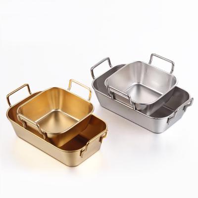 China Durable Rectangle Metal Food Thick Pan Grill Stainless Steel Food Dish Small Size Dishes With Handle for sale