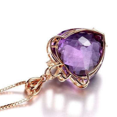 China 2021 Romantic Rose Gold Love Zircon Pendant Necklaces Simple Feminine Crystal Jewelry Zodiac Heart Shaped Amethyst Necklaces for sale