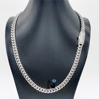 China Silver Diamond Tester Chain Hip Hop Jewelry 925 Pure Moissanite Diamond Iced Out Lock Cuban Crossover Hip Hop Necklace 8MM 10MM 12MM 13MM for sale