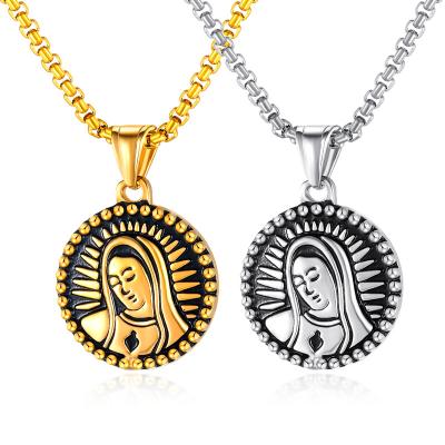 China Christian Charm Jewelry Religious Silver Gold Plated Titanium Steel Coin Necklaces For Teen Virgin Mary Necklace Women Girls Portrait for sale