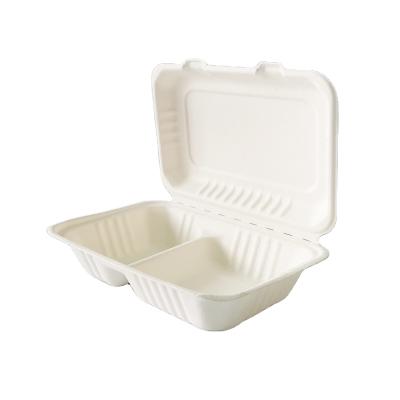 China Biodegratable 2 Compartment Sugarcane Clamshell Party Bagasse Paper Plates Disposable Sugarcane Pulp Set Tableware Takeout Lunch Box for sale