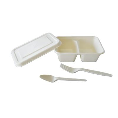 China Biodegratable 100% Disposable Biodegradable Sugarcane Bagasse Pulp 750ml 2 Compartment Sugarcane Packaging Takeout Box for sale