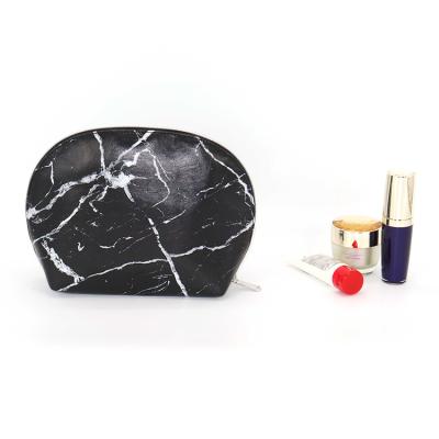 China Lady Oval Shape PU Black Marble Leather Cosmetic Bag Accpet Custom Designs for sale