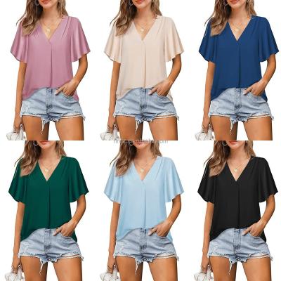 China 2022 Summer New Anti-wrinkle V-neck Chiffon Simple Color Blouse Pleated Loose Short Sleeve Blouse For Women for sale