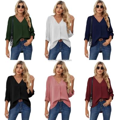 China Anti-wrinkle 2022 drop fashion chiffon shirt color V-neck long sleeve direct wholesale pure casual blouse manufacturers for sale