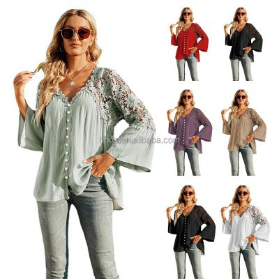 China Hot European-American style women's retro wide sleeve hollow-out lace shirt Anti-wrinkle casual shirt manufacturers direct sales for sale