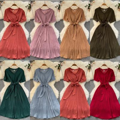 China Fashion anti-static elegant v-neck chiffon waist slimming simple skirt manufacturers beach dress leisure direct sales for sale