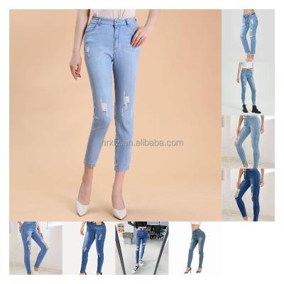 China European and American ripped women's 2022 fashionable breathable jeans, high waist small foot skinny pencil show big women's jeans for sale