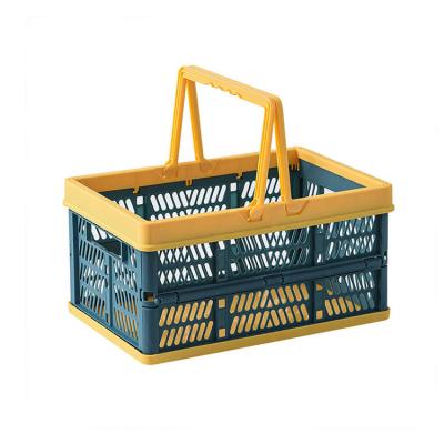 China Collapsible Plastic Crate Collapsible Stackable Trash Can Storage Shopping Basket Storage Bins Baskets with Handles Grocery Basket for sale