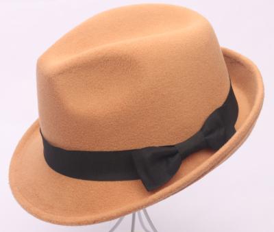 China Fedora Trilby Jazz Hat Gangster Cap Short Men Women Character Felt Brim Felt Fedora Hat Cap With Black Bowknot Ribbon Band for sale