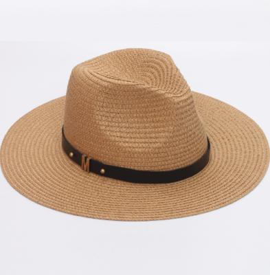 China New Summer Character Panama Straw Hat Church Cap Wide Brim Beach Sun Straw Hat Floppy Hat With Black Belt Buckle M for sale