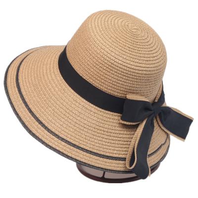 China Wholesale eco-friendly material and cheap dome big flat brim black bowknot straw hat summer seabeach hats for women for sale