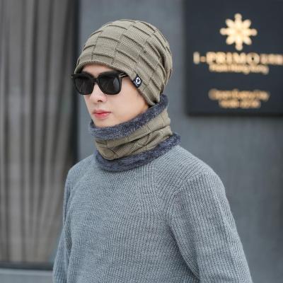 China COMMON Winter Warm Hat With Thick Scarf Wool Coating Knit Beanie Cap Solid Color Collar Street Tide Two-Piece Hat Beanies Cap for sale