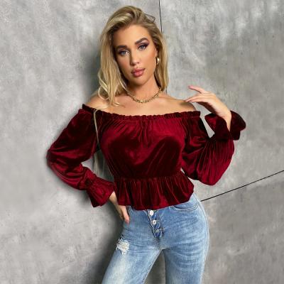 China Yizhilong New Design Velvet Women's Spring Blouse Breathable Women's Shirts Off-Shoulder Ruffles Elegance Ladies Blouses Wholesale for sale