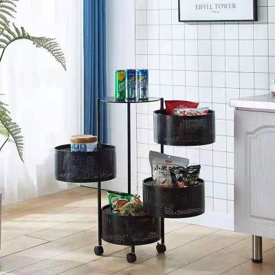 China Sustainable Multi-Layer Rotate Vegetable Cart Industrial 4 Tier Bathroom Shelf Storage Corner Shelf With Wheel Rotating for sale