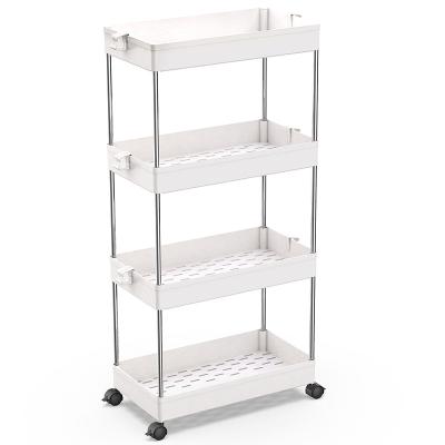 China Traditional Pantry 4 Layer Slide Organizerc Trolley 4 Tier Mobile Kitchen Shelving Steel Vegetable Rack Wheels for sale