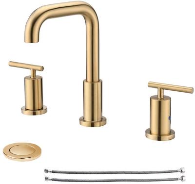 China New Gold Metered Faucets Design Split Deck Mounted Faucet Two Handle Bathroom Basin Faucet Gold Brass Faucet for sale