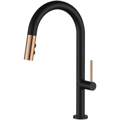 China New Design Modern Matte Black Solid Brass Swivel Spout Splash Proof Single Lever Pull Down Kitchen Faucet for sale