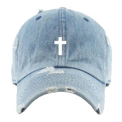 China COMMON Custom Embroidered Cotton Dad Hat Light Denim Adjustable Distressed Baseball Cap for sale