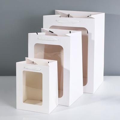 China Recycled Materials Paper Bag Open Window Gift Florist Flower Wrapping Bag Gift Bag Card White Cowhide Wrapping Bag for sale