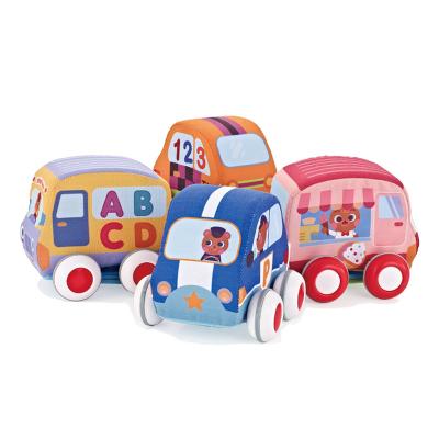 China PP+Sponge+cloth Kids Toddlers Boy Girls 4pcs Soft Cloth Friction Vehicle Toy Set Detachable Baby Pull Back Car for sale