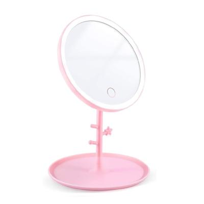 China Modern Portable Desktop Ladies Round Table With Base Cosmetic Make Up Mirror Custom Logo Lighted Led Makeup Small Mirror With Light for sale