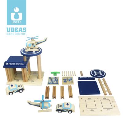 China Assembly Games For Kids Wooden Toys Safety Building Blocks Sets Mini Wooden Toy Police Station for sale