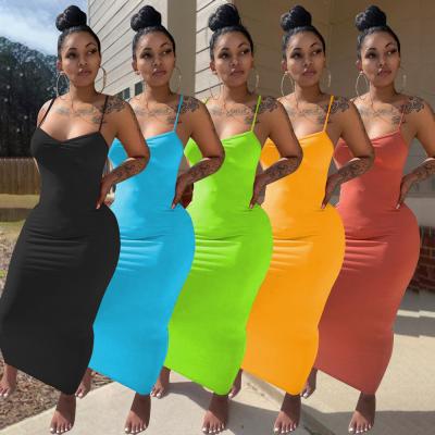 China 2021 Solid Color Washable Hot Fashionable Spaghetti Strap Women's Maxi Dress Sleeveless Summer Dresses Women's Ladies for sale