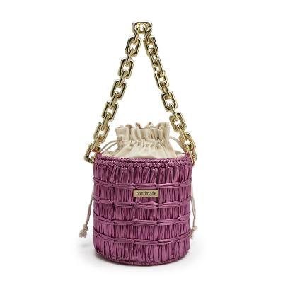 China Fashion Summer Beach Straw Tote Bag Straw Braid Braid Bucket Beach Bag Straw Cotton Drawstring Embroidery Beach Bag For Women for sale