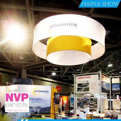 China Sky Custom Hanging Pop Up Foldable Trade Show Brand Tension Fabric Hanging Circular Ceiling Display Signs With Heat Transfer Printing for sale