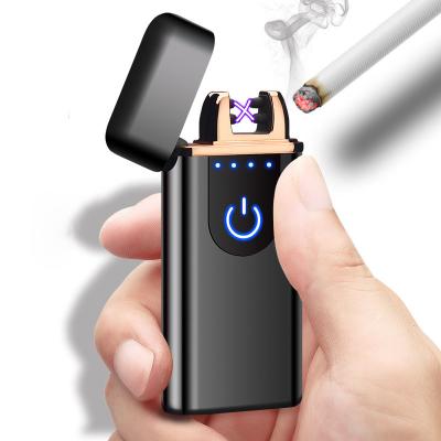 China Zinc Alloy Popular Electric Lighter Touch Battery Indicator USB Recharge Dual Arc Rechargeable Lighter for sale