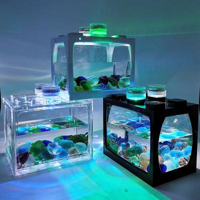 China Small Aquarium Small Tank Landscape Mini Ecological Creative Micro Ecological Bucket Desktop Aquarium LED Light Tropical Fish Tank LED Light for sale