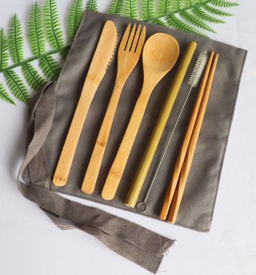 China Sustainable 6pcs Set Portable Travel Bamboo Utensil Cutlery Set With Spoon Fork Knife Chopsticks Brush Straw for sale