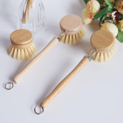 China Long Sustainable Bamboo Wooden Handle Sisal Pot Kitchen Dish Brush Cleaning Tool for sale