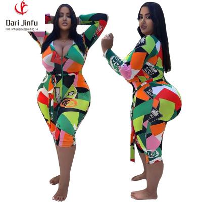 China Breathable XL to 5XL plus size long sleeve print zipper 2021 women autumn bodycon plus size one piece jumpsuit for sale